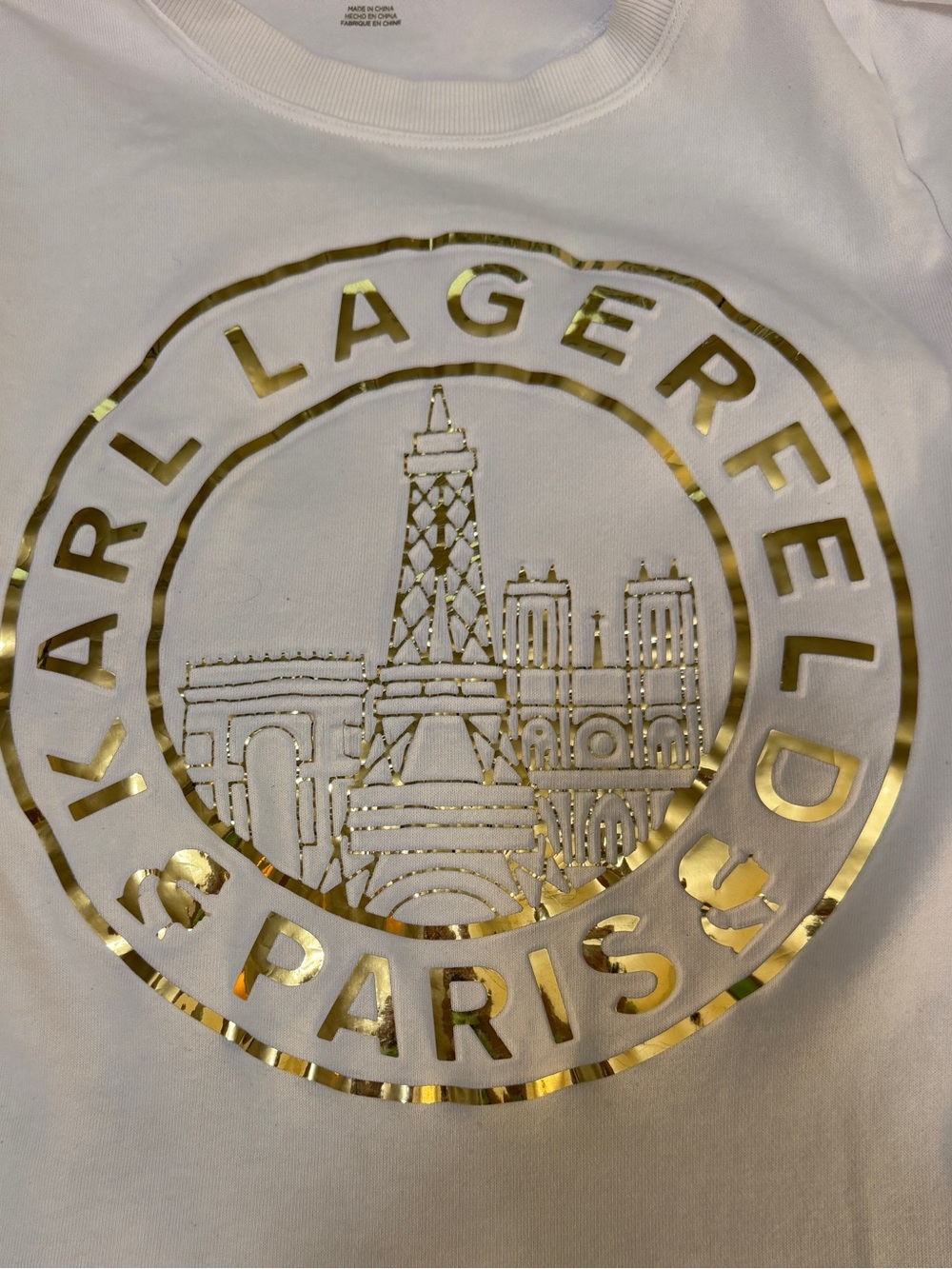 Karl Lagerfeld White Sweatshirt with Gold Lagerfeld Paris Emblem Sz Lg - Picture 9 of 15